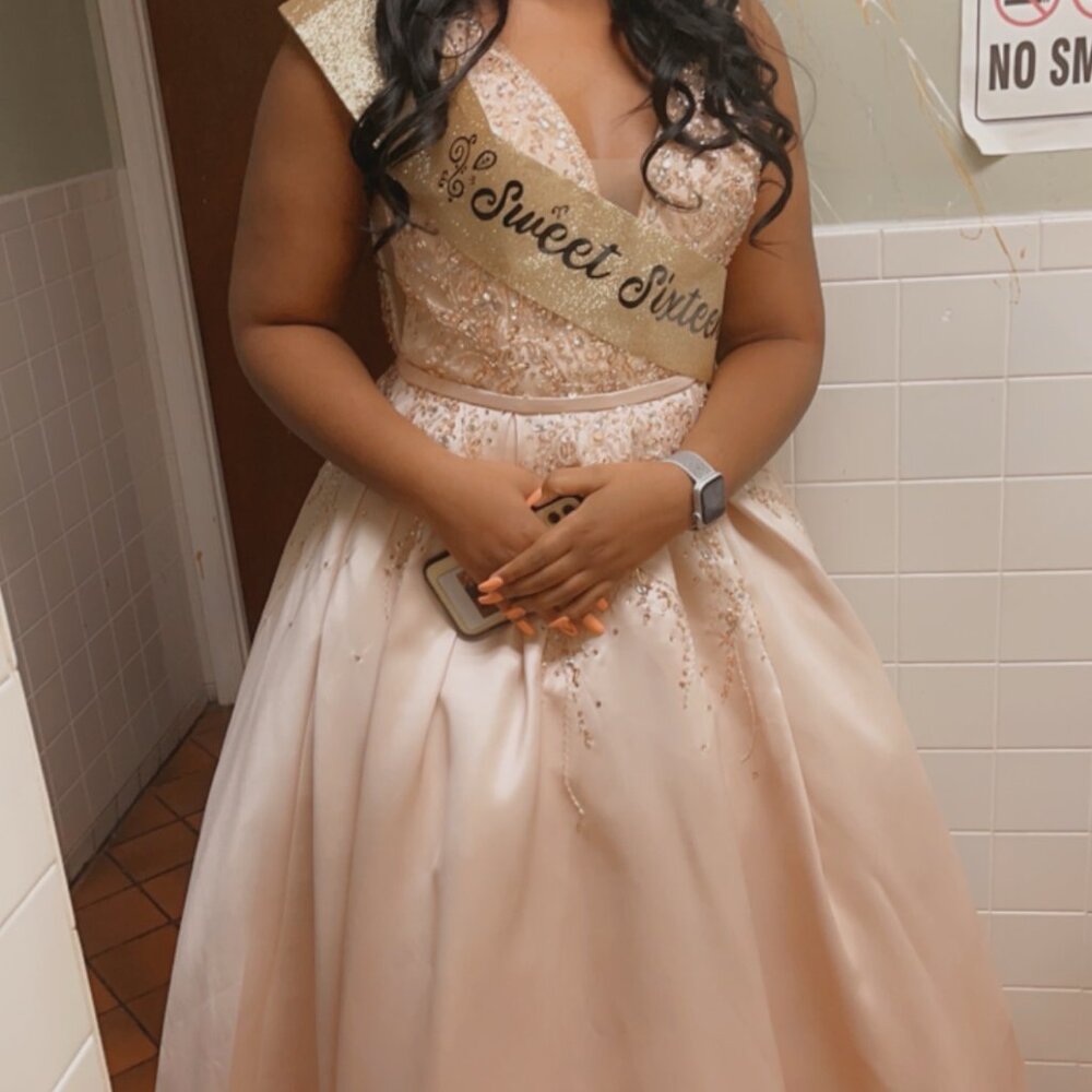 Gold Plunging Beaded Mikado Box Pleated Ballgown Size 10  ( Camille Lavie) - Picture 9 of 12